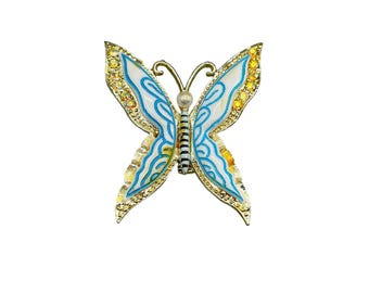 Vintage Butterfly Brooch Pin with Blue & White Wings and Rhinestones Insect Pin