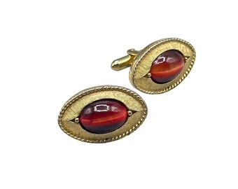 Vintage Gold Tone Cufflinks with Red Cat Eye Faux Stones Elegantly Designed
