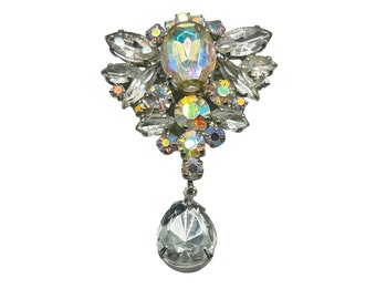 Vintage 80s Aurora Borealis Rhinestones Brooch Silver Tone Metal Acrylic Stones