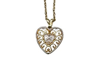 14K Gold Heart Necklace Pendant Chain with Small 585 Yellow White Gold Heart