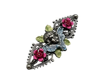 Vintage 1928 Brand Pin Brooch Angel and Roses Silver Tone and Colorful Flowers