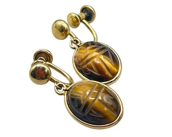 Vintage Gold Filled Scarabs Earrings Screw back Tiger Eye Dangles Carved Stones