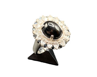 Black Tiger Eye Ring with White Topaz Drop Stones Sterling Silver Size 8 Floral