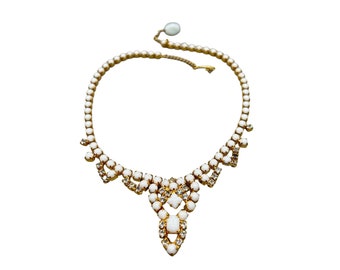 Vintage Milk Glass & Rhinestones Necklace Elegant Classic Formal Costume Jewelry