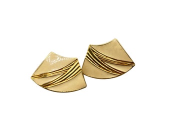 Vintage 70s 80s Trifari Clip On Earrings Cream Beige Enamel Gold Tone Geometric