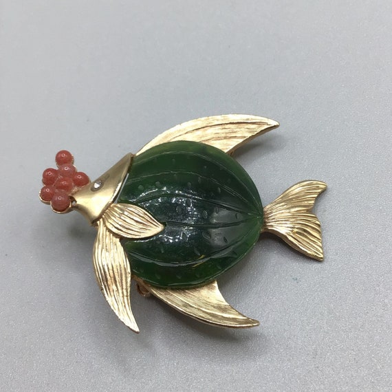 Puffy Fish Brooch Green Semi Precious Stone Gold … - image 1