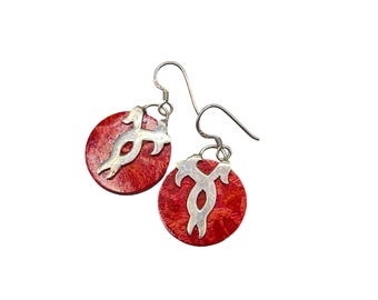 Sponge Coral Earrings Sterling Silver Apple Coral Round Pierced Dangles Drops