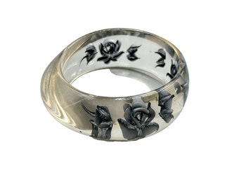 Vintage Reversed Carved Grey Roses Lucite Bangle Bracelet Chunky Wide Bracelet