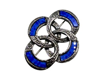 Vintage Miracle Celtic Knot Brooch Textured Silver-Tone Metal Blue Glass Lapis Lazuli Stone