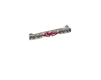Simple Pink And Clear Bar Pin Rhinestones On Silver Tone Metal Prong Set Crystals