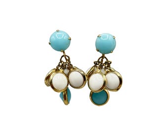 Vintage Milk Glass Clip On Earrings in Baby Blue & White Dangling Earrings