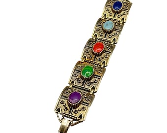 Vintage Sarah Coventry Gold Tone Bracelet with Colorful Multicolor Cabochons