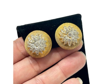 Vintage Signed CORO Clip On Earrings Textured Domed Rhinestones Classic Elegant