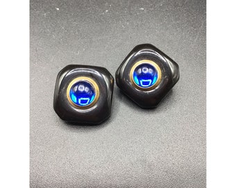 Vintage Elegant Blue & Black Clip On Earrings Acrylic Cabochon Cobalt Blue Clips