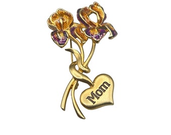 Iris Flower Mother Pin Brooch Mom Heart Floral Gold Tone Flower Bouquet Mom Gift