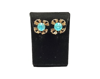 Vintage Screw Back Earrings Gold Tone & Blue Rhinestones Filigree Leaf Design