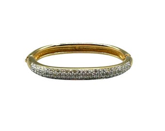Vintage Swarovski Bangle Bracelet Hinged Rigid  Gold Tone Clear Crystals Pave