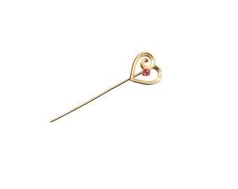 14K Gold Heart Stick Pin Vintage Lapel Pin Heart Shaped with Red Stone