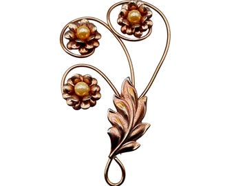 Large Flower with Stem Brooch 1940s Vintage Costume Pin Flower with Faux Pearls