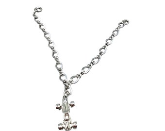 Sterling Silver Charm Bracelet with Automobile Racing Car Charm Pendant Dangle