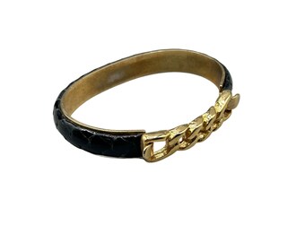 Vintage Snakeskin Black Bracelet Gold Plated Chain Style 80s 90s Costume Jewelry