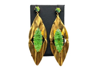 FRANGOS Signed Oversized Earrings Green Crackled Glass Stones and Rivoli Stones