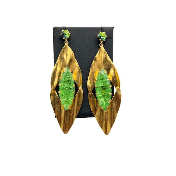 FRANGOS Signed Oversized Earrings Green Crackled G