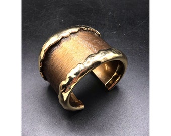 Fun Cuff Bracelet Brushed Brown Plastic Shiny Gold Tone Edge Vintage 90s Jewelry