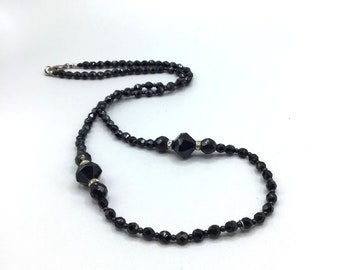Black Faceted Glass Beads Necklace Pressed Molded Beads Czech Glass Necklace
