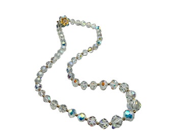 Vintage Faceted Crystal Beads Necklace Aurora Borealis Strand with Floral Clasp