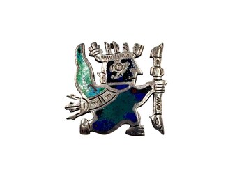 Signed PERU Sterling Silver Ethnic Figurals Brooch Pin Green and Blue Enamel