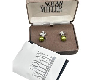 NOLAN MILLER Earrings Clip On Fancy Rhinestones And Green Pearls NIB