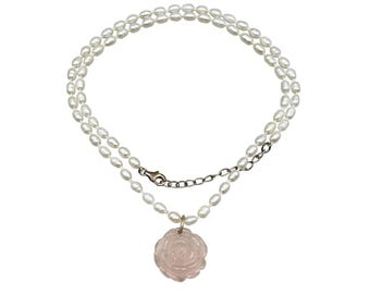Freshwater Pearls Necklace With Pink Rose Quartz Rose Flower Pendant Small Genuine Pearls
