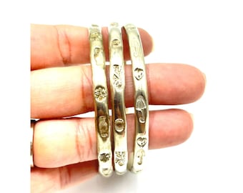 Vintage Bangles Bracelets Set of 3 Stack Silver Color Metal Hammered Designs