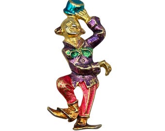 Signed ELLE Clown Pin Brooch Gold Tone With Colorful Enamel Figural Pin
