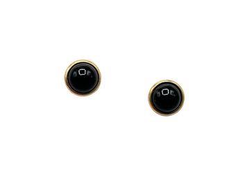 Vintage Black Stone Stud Earrings Gold Tone Setting Round Minimalist