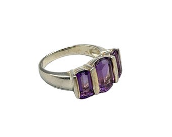 Sterling Silver 925 Birthday Ring with Three Purple Amethyst Gemstones Size 7.5