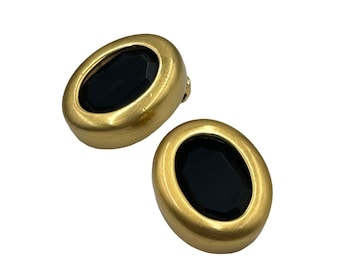 Signed CAROLEE Black Glass Matte Gold Tone Clips Statement Earrings Oval Shaped