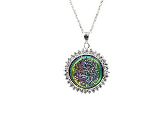 Sterling Silver Druzy Glittery Stone Pendant Necklace Round Sun Shaped Colorful