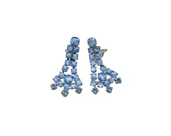 Vintage Blue Rhinestone Clip On Earrings Chandelier Dangles Statement Jewelry