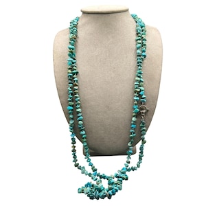 Natural Turquoise Bead Necklace 86&quot; Hand Knotted with Sterling Silver Clasp Beaded