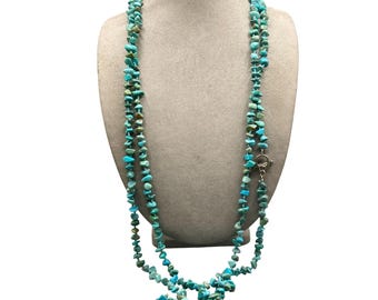 Natural Turquoise Bead Necklace 86" Hand Knotted with Sterling Silver Clasp Beaded