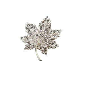 Vintage Marcasite Rhinestone Maple Leaf Brooch Pin 1960s Silver Tone Jewelry