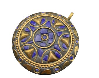 Ethnic Brass Pendant Round Medallion Brass with Scattered Blue Stones Inlay