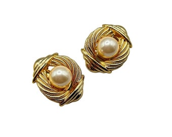 ORENA Paris Clip On Earrings Made in France Gold Tone and Faux Pearls Cabochons