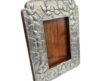 Vintage Repousse Mexican Picture Frame Wood Back Easel Style Handcrafted