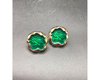 Vintage Gold Tone & Green Earrings Poured Resin Studs Charming Button Earrings