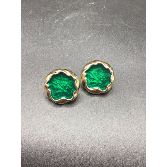 Vintage Gold Tone & Green Earrings Poured Resin S… - image 1