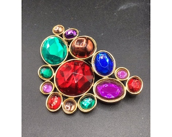90s Jeweled Brooch Colorful Gems Faceted Acrylic Stone Mogul Style Statement Pin