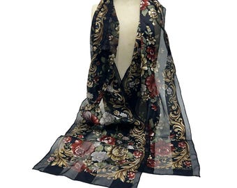 BILL BLASS Vintage Silk Scarf Floral Striped Rectangular With Golden Scrolls Black Red Green